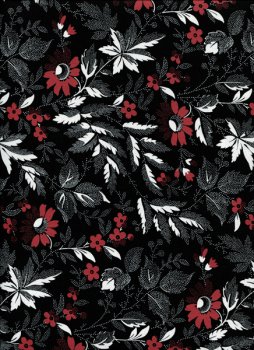 Weißes Blättergeflecht und rote Blüten auf Schwarz
