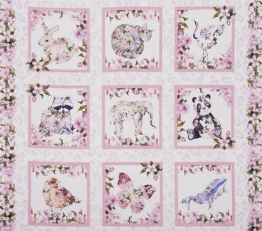 Panel 90 x 110 cm, Tiere mit Blütenzweigen in Aquarelloptik, pink