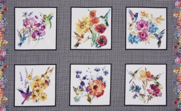 Panel 70 x 110 cm, 6 bunte Blumen- und Kolibriillustrationen